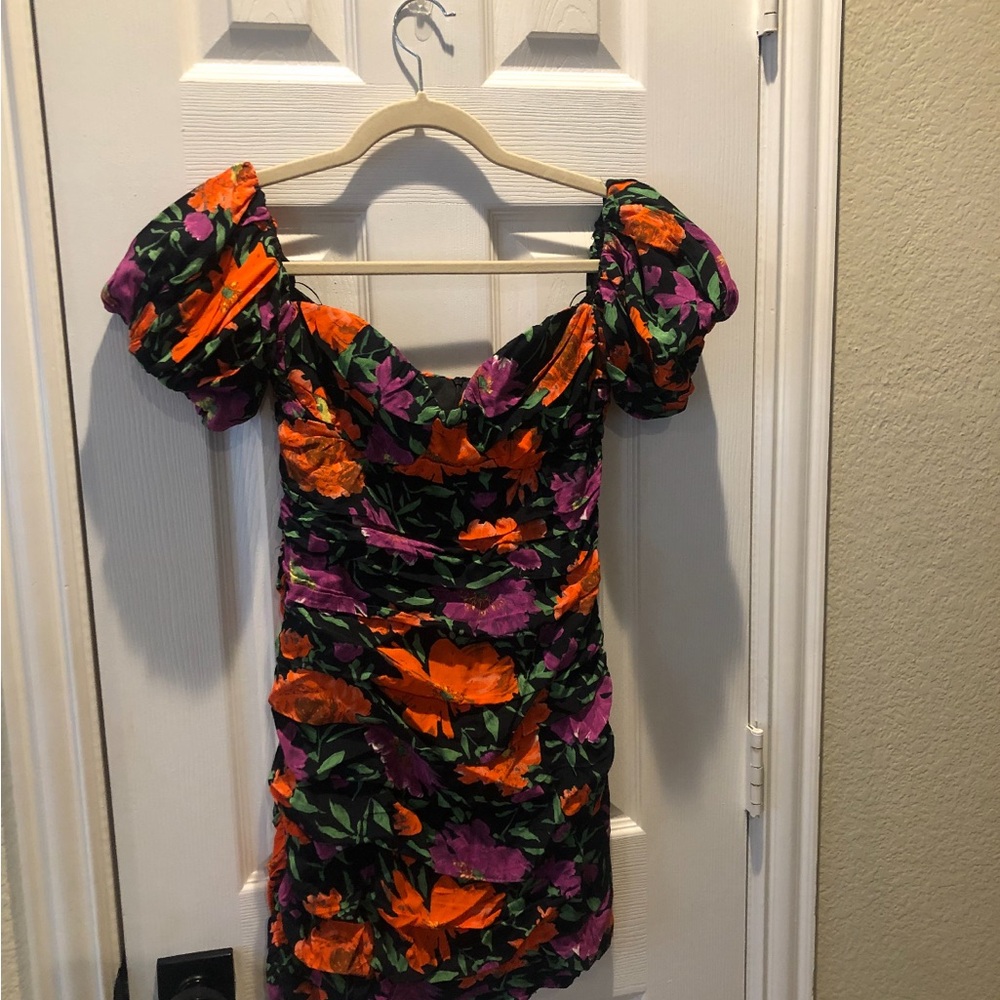 Zara Black Mini Dress with Orange & Purple Floral Print